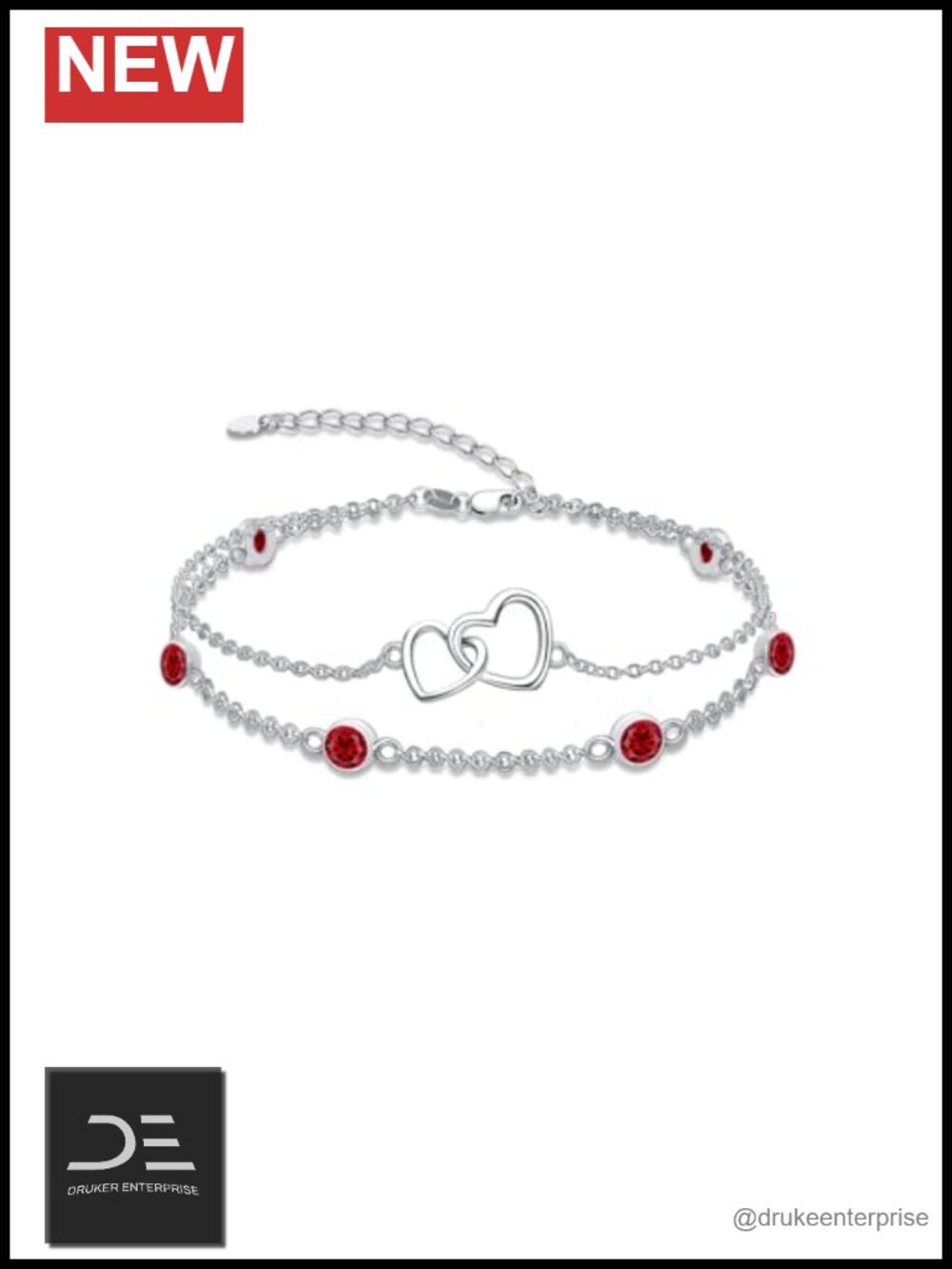 925 Sterling Silver Double Heart Birthstone Adjustable Bracelet Anklet